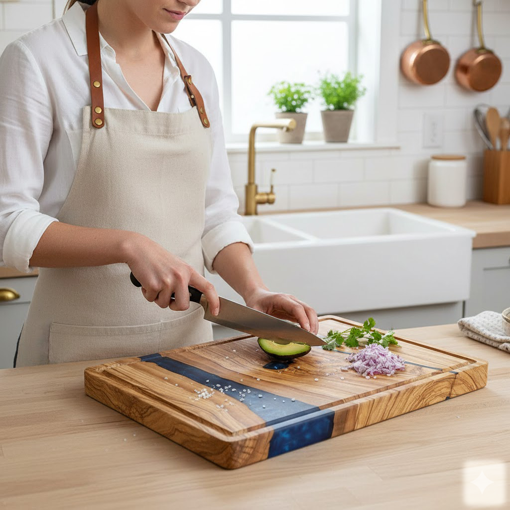 Shinrai Knives - Epoxy Sapphire Snijplank Olijfhout - 40 x 30 x 3 cm