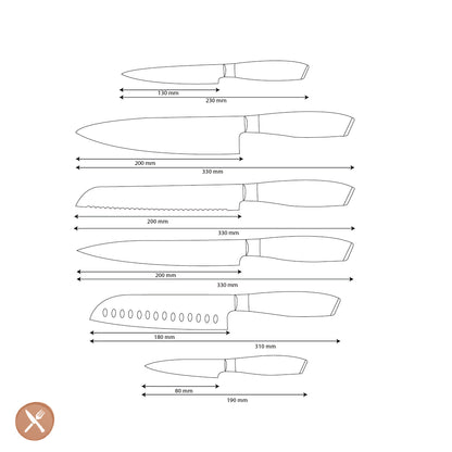 Shinrai Knives - Damast Pakka Wood 6-delige Messenset