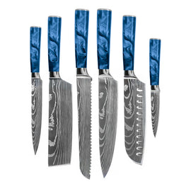 Shinrai Knives - Damascus Print Epoxy Sapphire - 6-delige Messenset