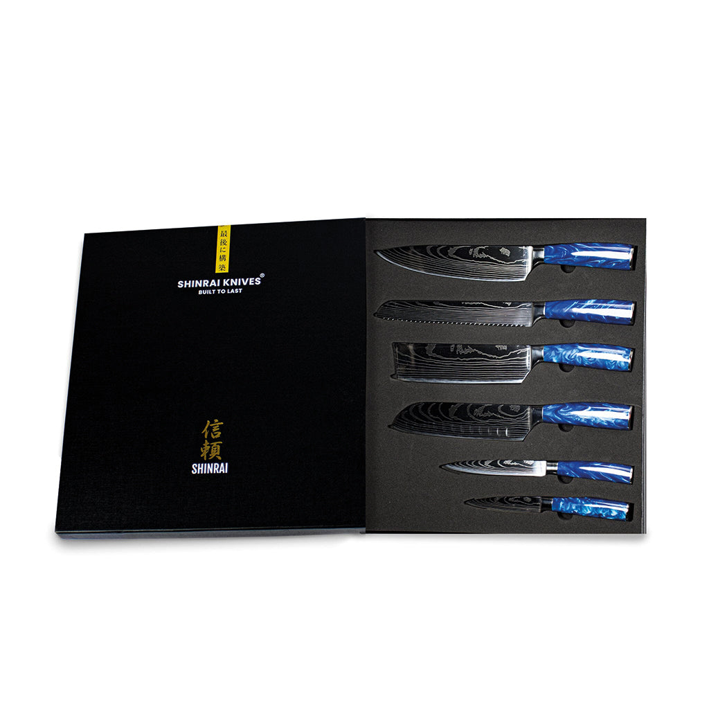 Shinrai Knives - Epoxy Sapphire Damascus Print 6-delige Messenset + Magnetisch Messenblok Scalae - Acacia hout