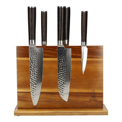 Hammered Damast BR 5-Delige Messenset + Magnetisch Messenblok Dubbelzijdig