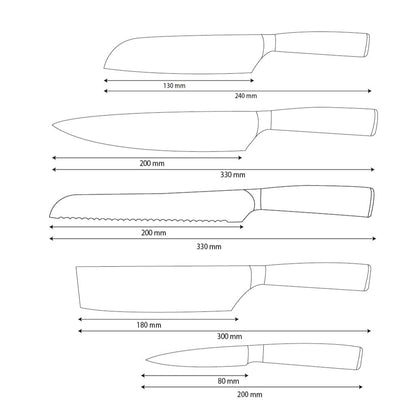 Shinrai Knives - Ensemble de 5 couteaux en acier inoxydable martelé - Couteau de chef + Couteau à pain + Nakiri + Petit Santoku + Couteau d'office