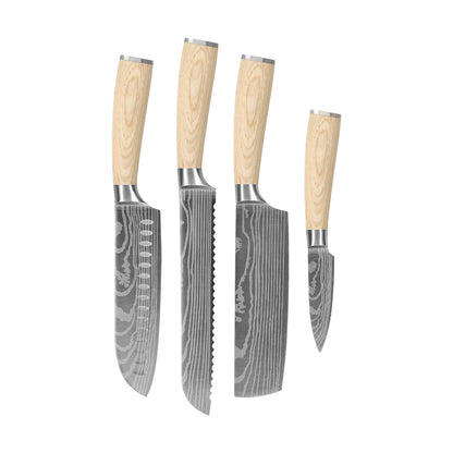 Shinrai Knives - Akari Damascus Print 4-delige set - Santoku + Broodmes + Nakiri + Schilmes