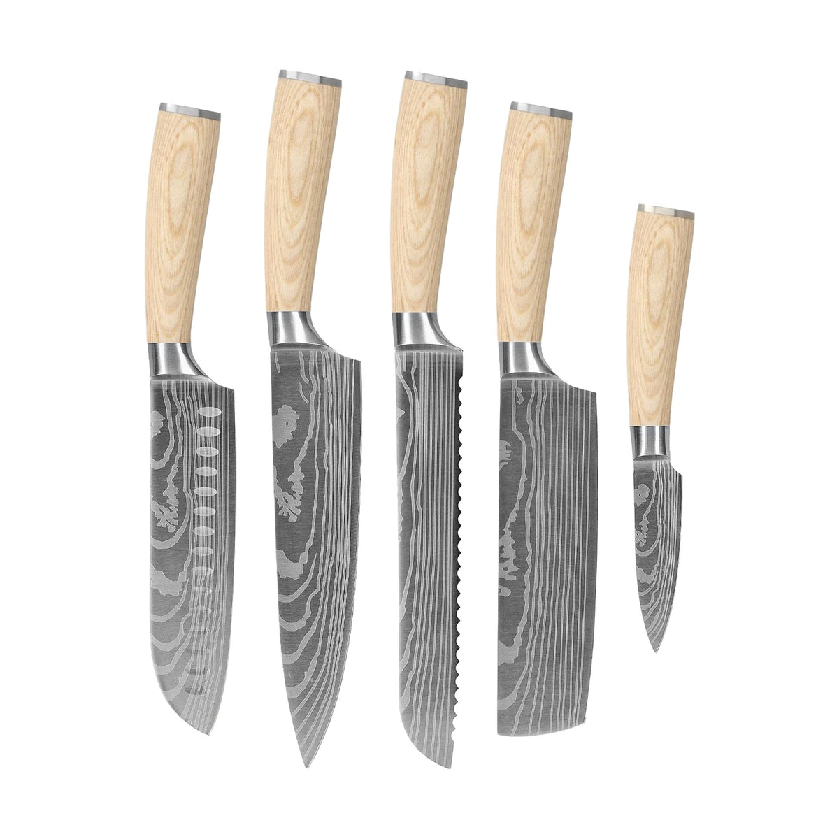 Shinrai Knives - Akari Damascus Print 5-delige set - Koksmes + Broodmes + Nakiri + Santoku + Schilmes