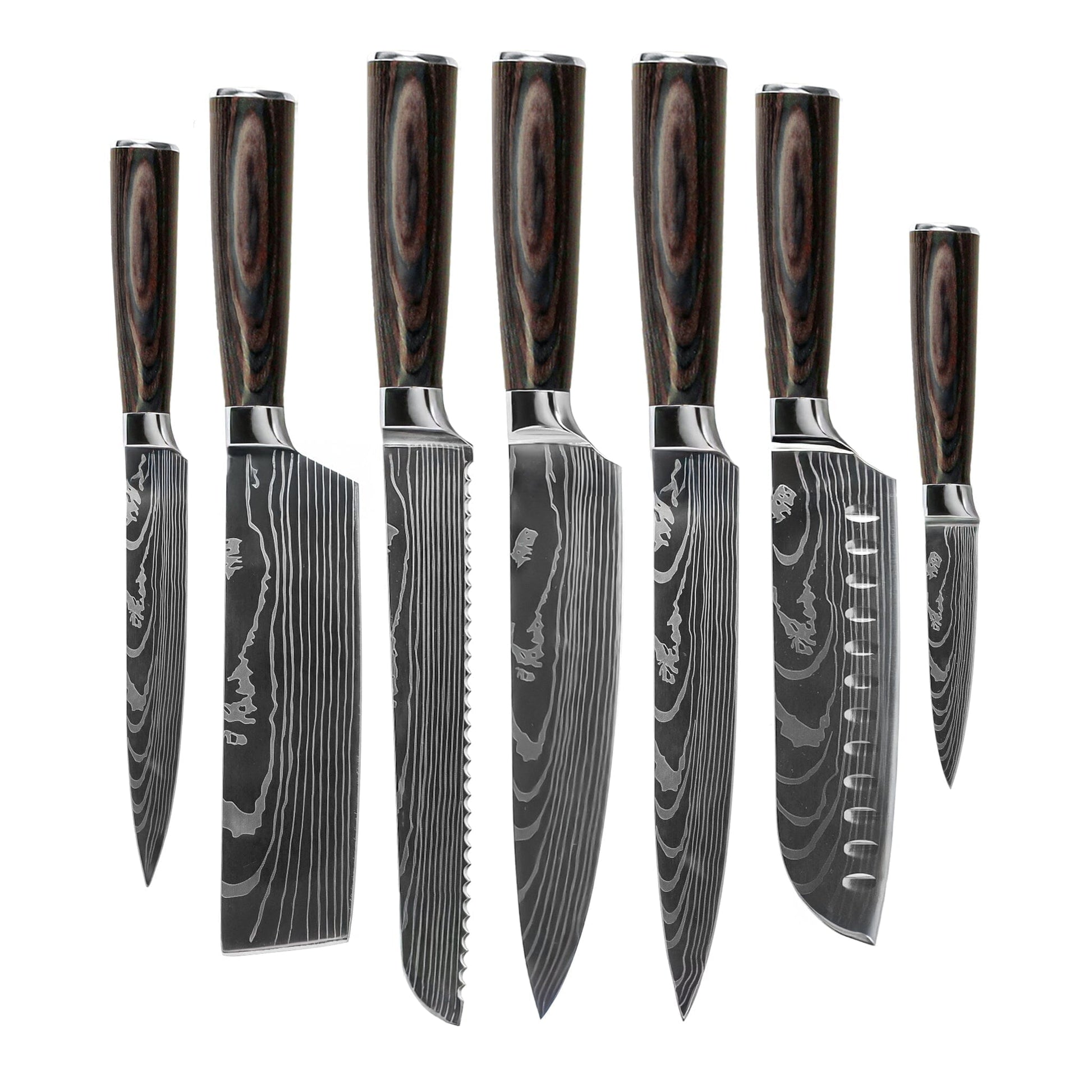 Damascus Print 7-delige Messenset + Magnetisch Messenblok Enkelzijdig Messenset met blok Shinrai Knives 
