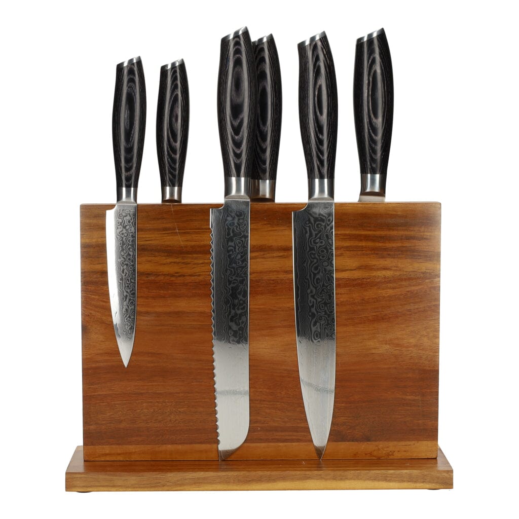 Damast Pakka Wood 6-delige Messenset + Magnetisch Messenblok