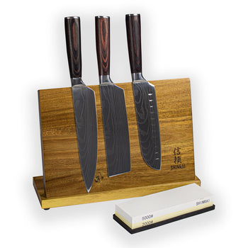 Coffret de 3 couteaux à motif damassé - Offre combinée : Coffret XXL avec bloc et pierre à aiguiser - Couteaux Shinrai