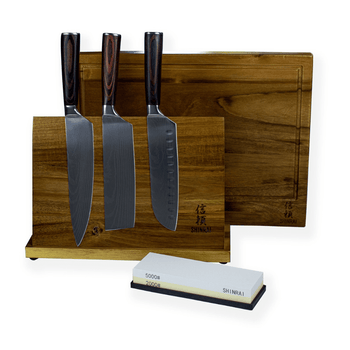Ensemble de 3 couteaux à motif damassé - Offre combinée : Ensemble de couteaux XXXL avec bloc, planche à découper et pierre à aiguiser - Couteaux Shinrai 