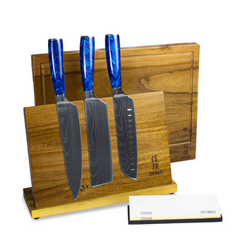 Epoxy Sapphire 3-delige messenset - Combideal XXXL Messenset met blok, snijplank en slijpsteen Shinrai Knives 