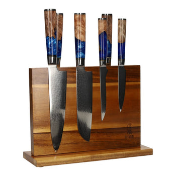 Ensemble de 6 couteaux en acier damassé époxy saphir + bloc magnétique Shinrai