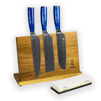 Epoxy Sapphire Damascus Print - Combideal XXL Messenset met blok en slijpsteen Shinrai Knives 