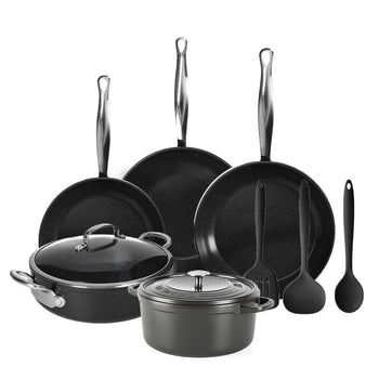 GreenPan - Barcelona Pro Batterie de cuisine 9 pièces Tout ce dont vous avez besoin 20/24/28/22 cm - 2 poêles + cocotte avec couvercle + wok + casserole + ensemble de 3 spatules