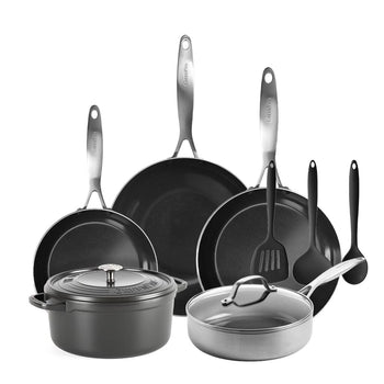 Ensemble de cuisine GreenPan - Geneva All You Need 9 pièces (18/24/24/28/28 cm) : 2 poêles à frire, 1 cocotte avec couvercle, 1 wok, 1 casserole et 3 spatules.