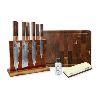 Shinrai Knives - Kigami Exclusive Damascus All You Need - 7-delige messenset + Messenblok + Slijpsteen + Snijplank + Olie
