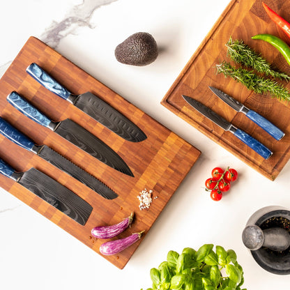 Shinrai Japan - Epoxy Sapphire Damascus Print 6-delige Messenset + Magnetisch Messenblok Scalae - Acacia hout Messenset met blok Shinrai Japan 