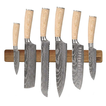 Couteaux Shinrai - Coffret de 6 couteaux Akari Damascus Print + Support mural magnétique pour couteaux - Coffret de couteaux en bois d'acacia avec bloc Shinrai