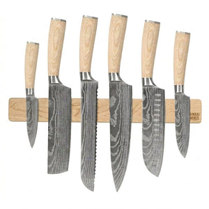 Couteaux Shinrai - Coffret de 6 couteaux Akari Damascus Print + support mural magnétique - Coffret de couteaux en bois d'érable avec bloc Shinrai