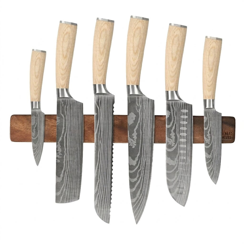Shinrai Knives - Akari Damascus Print 6-delige Messenset + Messenmagneet Muurstrip - Walnotenhout Messenset met blok Shinrai Knives 