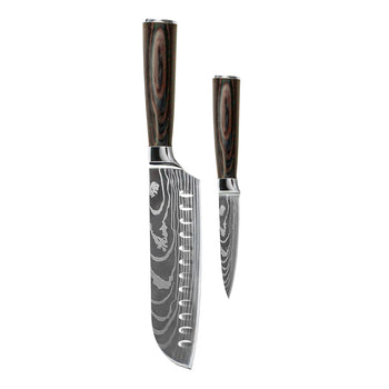 Couteaux Shinrai - Coffret de 2 couteaux à motif damassé - Santoku + couteau d'office
