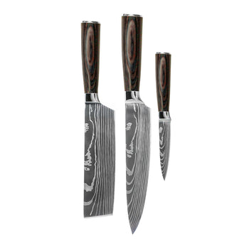 Couteaux Shinrai - Coffret de 3 couteaux à motif damassé - Couteau de chef + Nakiri + Couteau d'office