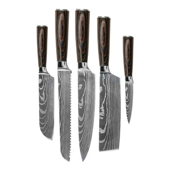 Couteaux Shinrai - Coffret de 5 couteaux à motif damassé - Couteau de chef + Couteau à pain + Nakiri + Petit Santoku + Couteau d'office
