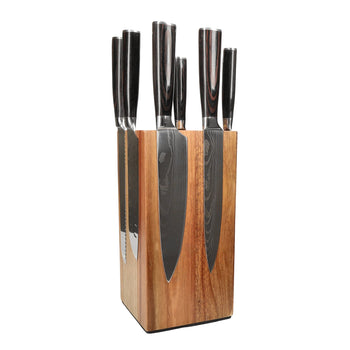 Couteaux Shinrai - Coffret de 7 couteaux à motif damassé + bloc à couteaux - Coffret de couteaux rotatifs avec bloc - Couteaux Shinrai