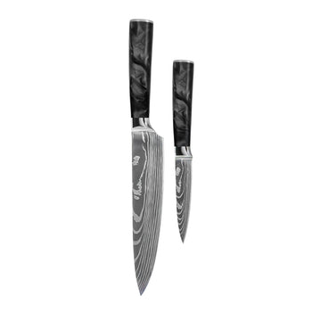 Couteaux Shinrai - Coffret de 2 couteaux en époxy onyx à motif damassé - Couteau de chef + couteau d'office
