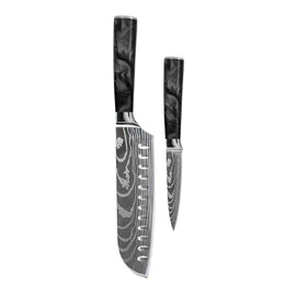 Shinrai Knives - Damascus Print Epoxy Onyx 2-delige Messenset - Santoku + Schilmes Messenset Shinrai Knives 