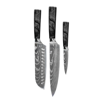 Couteaux Shinrai - Coffret de 3 couteaux en époxy onyx à motif damassé - Couteau de chef + Santoku + Couteau d'office