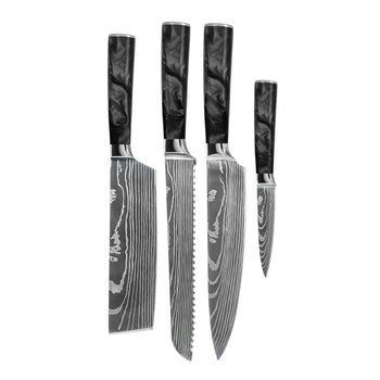 Couteaux Shinrai - Coffret de 4 couteaux en époxy onyx à motif damassé - Couteau de chef + Couteau à pain + Nakiri + Couteau d'office