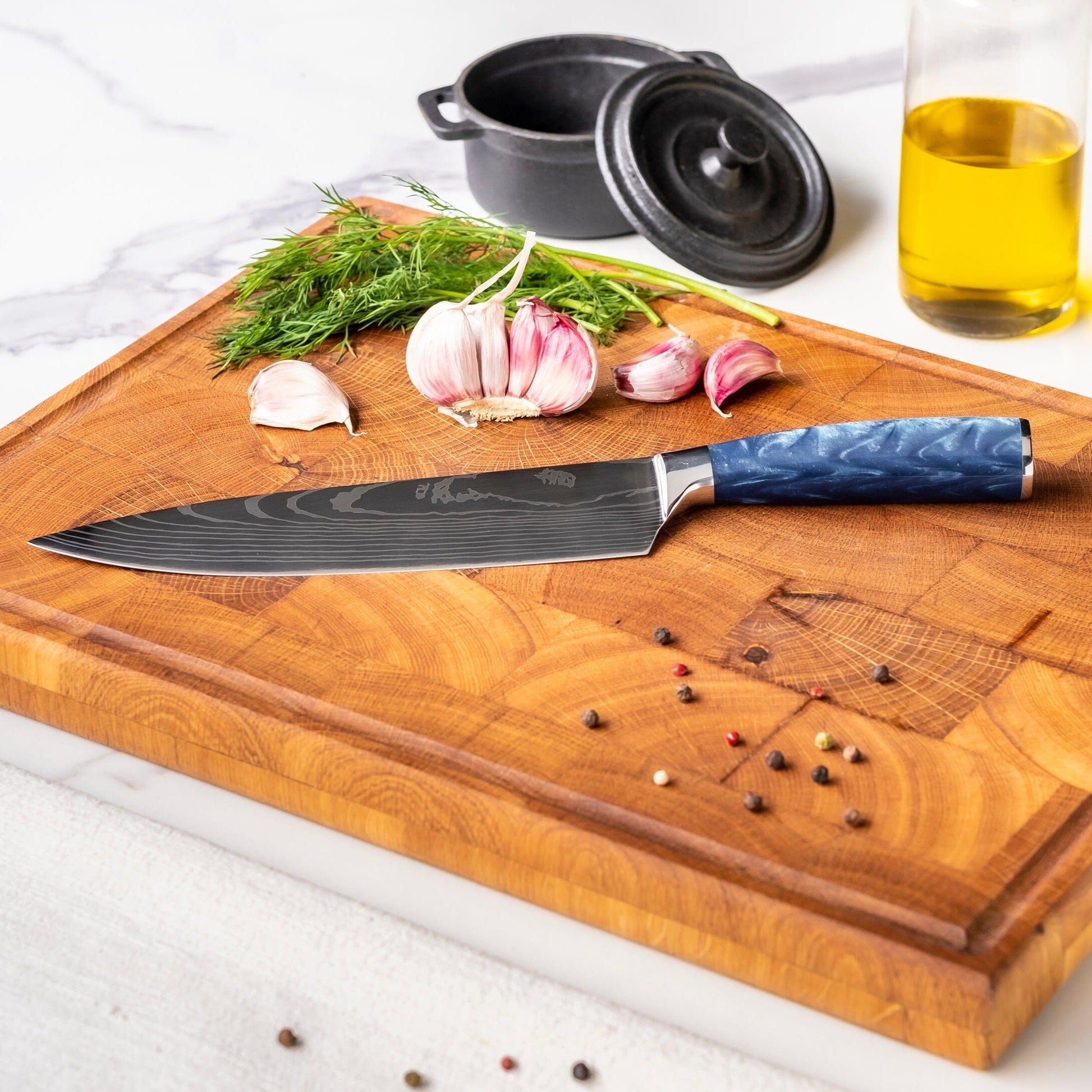 Shinrai Knives - Damascus Print Epoxy Sapphire 3-delige Messenset - Koksmes + Broodmes + Schilmes Messenset Shinrai Knives 