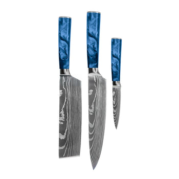 Couteaux Shinrai - Coffret de 3 couteaux en résine époxy saphir à motif damassé - Couteau de chef + Nakiri + Couteau d'office
