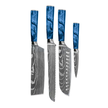 Couteaux Shinrai - Coffret de 4 couteaux en résine époxy saphir à motif damassé - Santoku + couteau à pain + Nakiri + couteau d'office