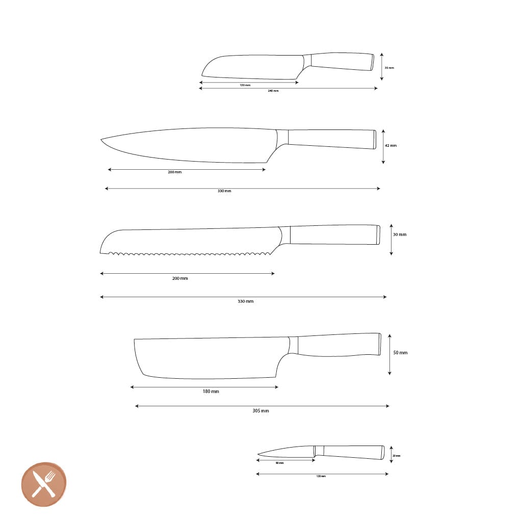 Shinrai Knives - Damascus Print Epoxy Sapphire 5-delige Messenset - Koksmes + Broodmes + Nakiri + Kleine Santoku + Schilmes Messenset Shinrai Knives 