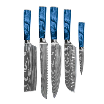 Couteaux Shinrai - Coffret de 5 couteaux en résine époxy saphir à motif damassé - Couteau de chef + Couteau à pain + Nakiri + Santoku + Couteau d'office