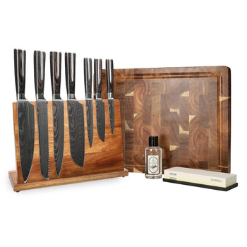 Couteaux Shinrai - Coffret complet Damas - Ensemble de couteaux complet avec bloc, planche à découper et pierre à aiguiser 