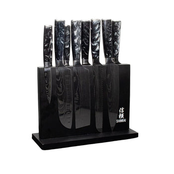 Shinrai Knives - Damascus Print Onyx Epoxy 9-delige Messenset + Magnetisch Messenblok Dubbelzijdig - Zwart Messenset met blok Shinrai Knives 