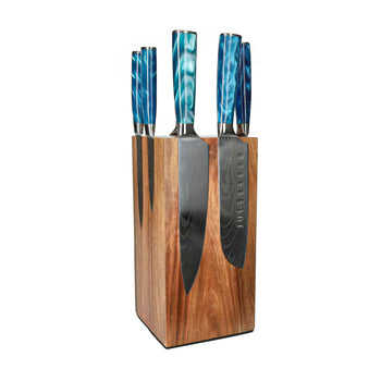 Couteaux Shinrai - Coffret de 6 couteaux Damas Sapphire + Bloc à couteaux - Coffret de couteaux rotatifs avec bloc - Couteaux Shinrai