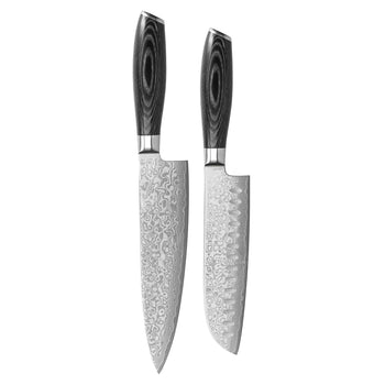 Couteaux Shinrai - Ensemble de couteaux 2 pièces Damask Pakka Wood - Couteau de chef + couteau Santoku Ensemble de couteaux Couteaux Shinrai