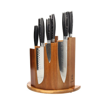 Shinrai Knives - Damast Pakka Wood 6-delige Messenset + Magnetisch Messenblok Scalae - Acacia hout Messenset met blok Shinrai Knives 