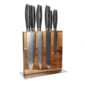 Couteaux Shinrai - Coffret de 6 couteaux en bois de Damas Pakka + Bloc de couteaux double face Cito avec bloc