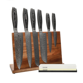 Couteaux Shinrai - Coffret de 6 couteaux en bois de Damas Pakka + bloc à couteaux + pierre à aiguiser