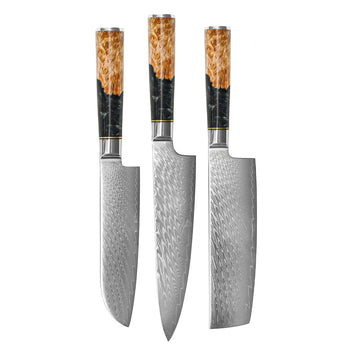 Couteaux Shinrai - Coffret de 3 couteaux damassés en époxy onyx - Couteau de chef + Nakiri + Santoku