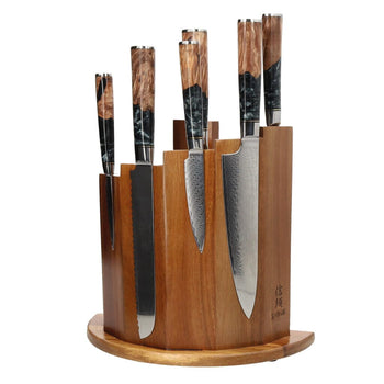 Shinrai Knives - Epoxy Onyx 6-delige Damascus Messenset + Magnetisch Messenblok Scalae - Acacia hout Messenset met blok Shinrai Knives 