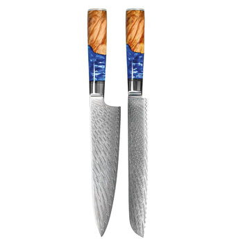Couteaux Shinrai - Coffret de 2 couteaux en acier damassé époxy saphir - Couteau de chef + couteau à pain