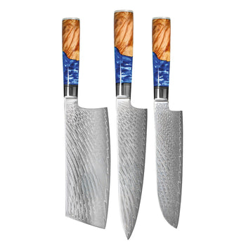 Couteaux Shinrai - Coffret de 3 couteaux damassés en époxy saphir - Couteau de chef + Nakiri + Santoku