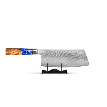 Couteaux Shinrai - Coffret de 3 couteaux damassés en époxy saphir - Couteau de chef + Nakiri + Santoku