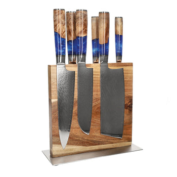 Couteaux Shinrai - Coffret de 6 couteaux en résine époxy saphir + Bloc de couteaux double face Cito avec bloc