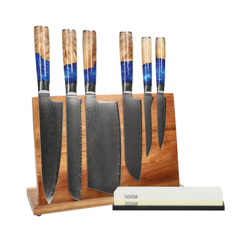 Couteaux Shinrai - Coffret de 6 couteaux en résine époxy saphir + bloc à couteaux + pierre à aiguiser