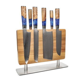 Couteaux Shinrai - Coffret de 6 couteaux en résine époxy saphir + bloc à couteaux - Couteaux Shinrai découpés à l'emporte-pièce
